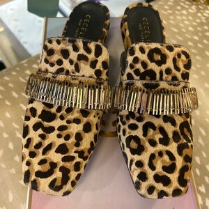 CECELIA NEW YORK Leopard Print Fringe-Embellished Mule in Tan and Black 6M